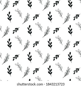 The pattern is a monochrome black natural background. Painted sprigs of plants.
