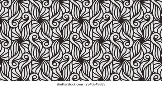 Pattern with monochrome bold curved stripes forming trendy lattice background. Abstract seamless floral vector design for textile, fabric and wrapping. Stylish design for lattice and sun louver.
