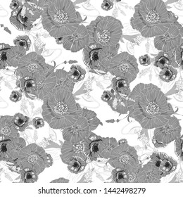 Pattern with monochrome poppies flower pattern for print design. Vintage monochrome seamless texture. Beauty style. Trendy decor. Vector art.