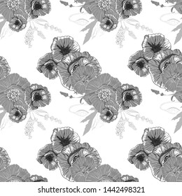 Pattern with monochrome poppies flower pattern for print design. Vintage monochrome seamless texture. Beauty style. Trendy decor. Vector art.