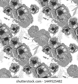 Pattern with monochrome poppies flower pattern for print design. Vintage monochrome seamless texture. Beauty style. Trendy decor. Vector art.