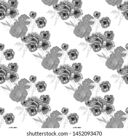 Pattern with monochrome poppies flower pattern for print design. Vintage monochrome seamless texture. Beauty style. Trendy decor. Vector art.