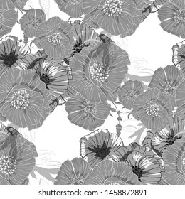 Pattern with monochrome poppies flower pattern for print design. Vintage monochrome seamless texture. Beauty style. Trendy decor. Vector art.
