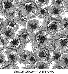 Pattern with monochrome poppies flower pattern for print design. Vintage monochrome seamless texture. Beauty style. Trendy decor. Vector art.