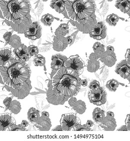 Pattern with monochrome poppies flower pattern for print design. Vintage monochrome seamless texture. Beauty style. Trendy decor. Vector art.