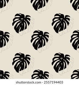 Pattern of Monstera dark leaves in contour and silhouette, textile soft beige pastel background.