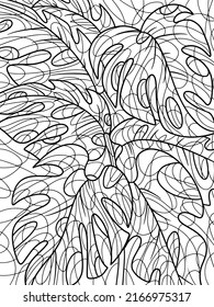 Pattern. Monstera, home plant with large leaves. Page outline of cartoon. Vector illustration, coloring book for kids.