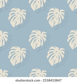 Pattern of Monstera leaves in beige color and leaf outline, textile soft blue pastel background. Vector illustration