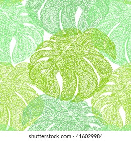 Pattern with monstera leaves illustration in paisley style. Tropical jungle plant pattern. Vector wallpaper seamless textile pattern. Pattern in retro vintage style. Pattern in green color on white.