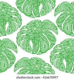Pattern with monstera leaves illustration in paisley style. Tropical jungle plant pattern. Vector wallpaper seamless textile pattern. Pattern in retro vintage style. Pattern in green color on white.