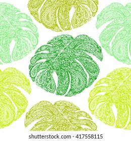 Pattern with monstera leaves illustration in paisley style. Tropical jungle plant pattern. Vector wallpaper seamless textile pattern. Pattern in retro vintage style. Pattern in green color on white.