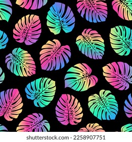 Pattern with monstera leaves. Multi-colored monstera leaves on a black background. Seamless pattern.