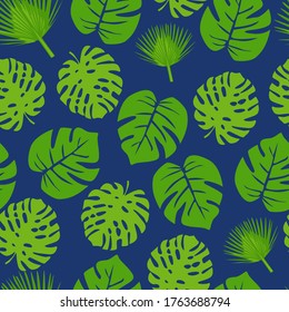 Pattern with monstera leaves on a blue background. Floral print. Exotic plants, tropical print. Vector illustration in flat style.