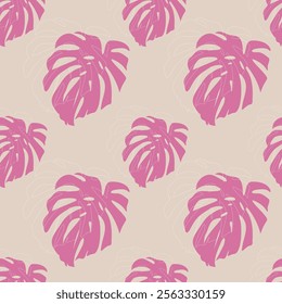 Pattern with monstera leaves in pink color, textile soft beige pastel background.