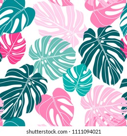 Pattern with monstera leaves. Summer pattern with pink, green monstera leaves. Vector tropical bright summer trendy palm leaves. 
