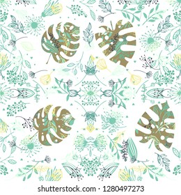 Pattern with monstera and leaves, vector illustration