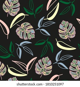 A pattern with monstera, palm leaves  on a black background for apparel, wrapping paper, vector illustration
