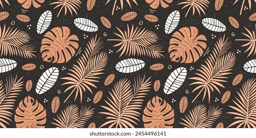 Pattern with monstera and palm tree leaves in Peach Fuzz trendy color on black background. Summer vector seamless pattern for fabric, fashion design, wallpaper, textile and other design projects.