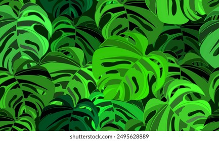 The pattern of Monstera plant leaves in various shades of green creates a lush and dynamic composition that evokes the feeling of a dense tropical forest.