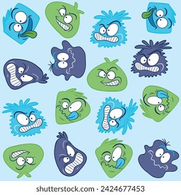 Pattern of monsters with different faces and gestures, different colors, very cute and at the same time funny, some with striped elements
