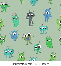 Pattern with monsters on a green background. Drawing with aliens in a blue-green color scheme. High resolution vector image for printing. Funny smiling monsters. Children's ornament.