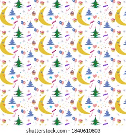 Muster mit dem Monat und Weihnachtsbäume und -süßen