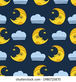 Pattern: moon in the night sky and clouds. Children's cute illustration for textiles and backgrounds