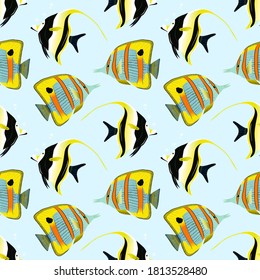  Pattern of Moorish idol and butterfly tropical fish. vector illustration.