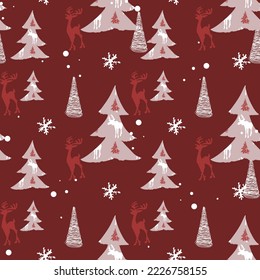Pattern of moose and Christmas trees. Christmas seamless illustration, blank for designer, logo, icon, textile