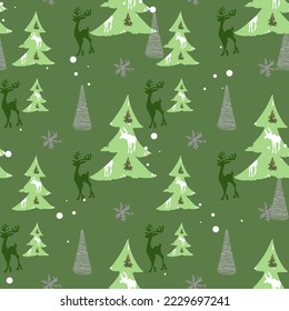 Pattern of moose and Christmas trees. Christmas seamless illustration, blank for designer, logo, icon, textile