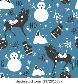 Pattern of moose and Christmas trees. Christmas seamless illustration, blank for designer, logo