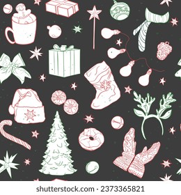 Pattern of moose and Christmas trees. Christmas seamless illustration, blank for designer, logo