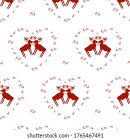 Pattern with moose in hearts. Red elk silhouettes isolated on white background. Rowan brushes, leaves and berries. Vector illustration.