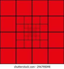 Pattern mosaic of geometric shapes of squares separated by decreasing the distance with black lines on a red background