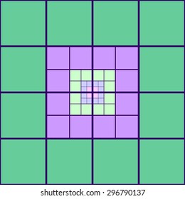 Pattern mosaic of geometric shapes of squares separated by decreasing the distance a dark purple lines green and purple