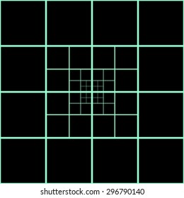 Pattern mosaic of geometric shapes of squares separated by decreasing the distance the bright green neon lines on a black background