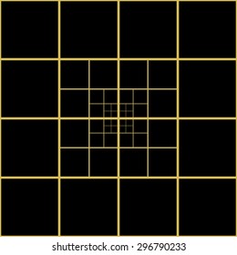 Pattern mosaic of geometric shapes of squares separated by decreasing the distance yellow gold lines on a black background art deco