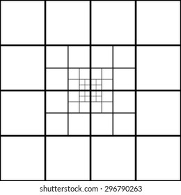 Pattern mosaic of geometric shapes of squares separated by decreasing the distance with black lines on a white background