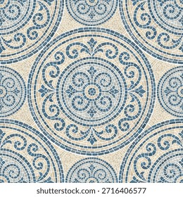 Pattern mosaic tile background in greek texture with blue and seamless design. Vector illustration with ornate curves and borders for web or print. Geometric sea motif for tiles and decor.