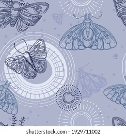 Pattern with moth, butterfly, circle on blue color. Doodle abstract pattern