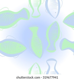 Pattern of  motif with fishes. Fishes, ellipses, stripes, Hand drawn.