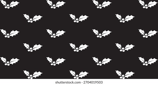 Pattern with motifs of holly leaves and small berries on a black background