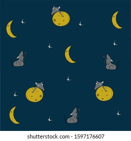 Pattern, mouse with cheese, moon and stars on a background of the night sky