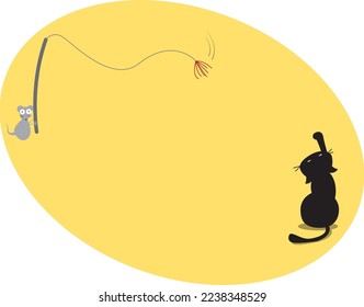 The pattern is a mouse holding a cat teasing stick to tease a black cat. Can be used as note paper or greeting card.