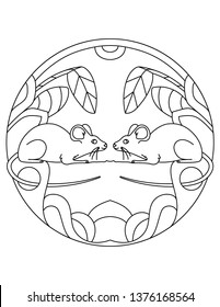 Pattern with a mouse. Illustration with a mouses. Mandala with an animal. Mouse in a circular frame. Coloring page for kids and adults.