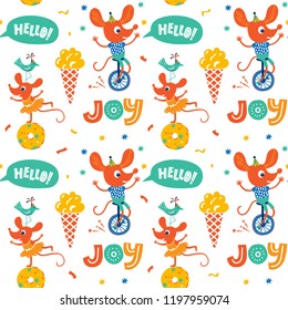 A pattern of a mouse on a Bicycle and a lovely bird with the text in a text bubble hi. Design for nursery, fabric printing, postcard, poster, packaging. Vector illustration