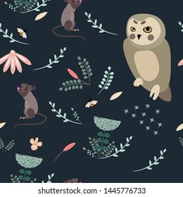 Pattern with mouse and owl. Vector Christmas illustration .