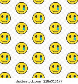 Pattern of moved  emoticons in transparent background. 8-bit pixel art backdrop. Vector illustration. Vector Illustration