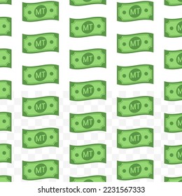 Patrón de billetes méticos mozambiqueños sobre fondo transparente con mini doodle (icono) y color verde. Ilustración vectorial