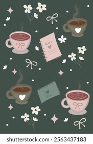 pattern with mugs notepads flowers on a warm background